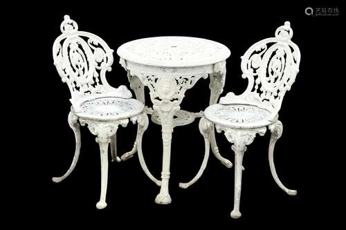 A WHITE PAINTED METAL GARDEN TABLE AND PAIR OF CHAIRS, the t...