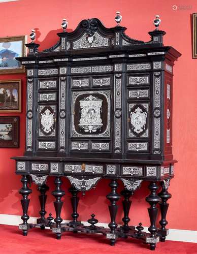 37 - A RARE EBONY AND IVORY CABINET ON STAND