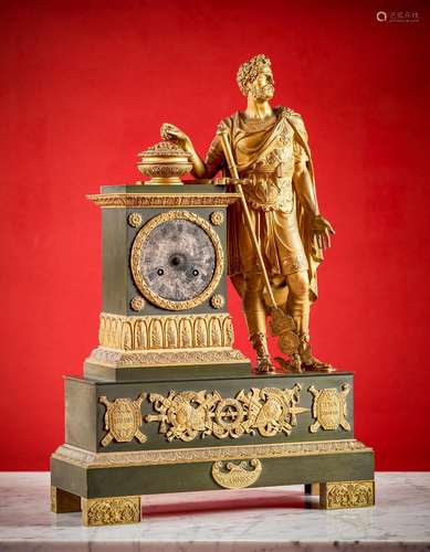 46 - A GILT AND PATINATED BRONZE MANTEL CLOCK OF GENERAL HAN...