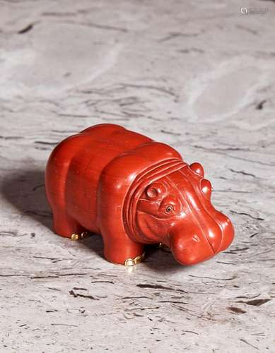 75 - A GOLD-MOUNTED RED JASPER HIPPOPOTAMUS