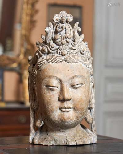 97 - A CARVED WOOD HEAD OF GUANYIN