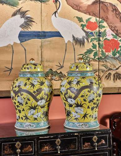 134 - A PAIR OF EMPRESS DOWAGER STYLE DRAGON JARS AND COVERS