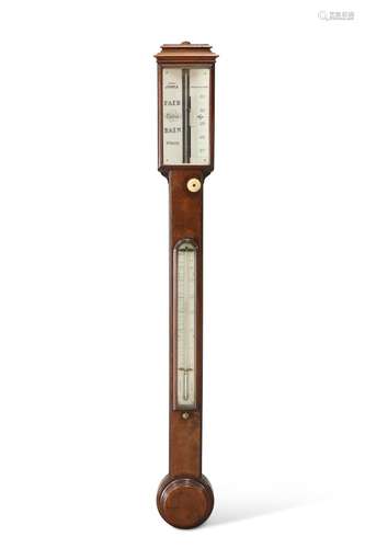 AN EARLY 19TH CENTURY MAHOGANY STICK BAROMETER, BY THOMAS JO...