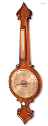 AN EARLY VICTORIAN ROSEWOOD ONION-TOP BAROMETER, with silver...