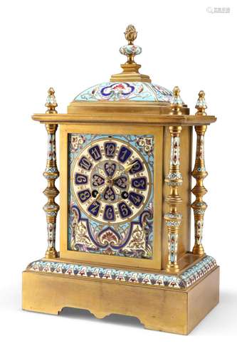 A LATE 19TH CENTURY FRENCH ENAMEL AND BRASS MANTEL CLOCK, th...