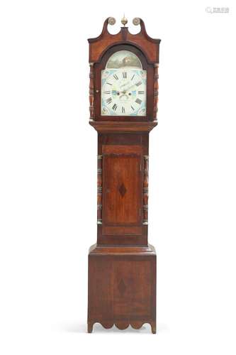 AN EARLY 19TH CENTURY OAK AND MAHOGANY EIGHT-DAY LONGCASE CL...