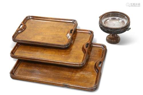 A SET OF THREE VINTAGE OAK STACKING TRAYS, rectangular with ...