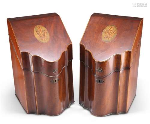 A PAIR OF GEORGE III INLAID MAHOGANY SERPENTINE KNIFE BOXES,...