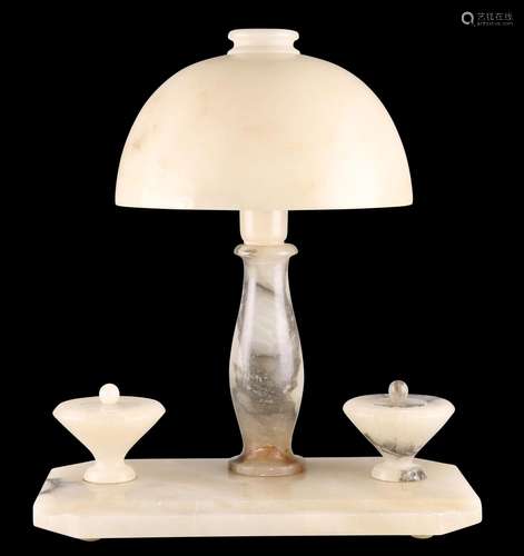 AN ART DECO PERIOD ALABASTER DESK LAMP, the lamp with mushro...