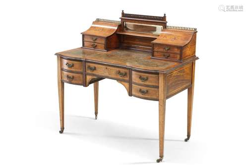 A LATE VICTORIAN INLAID ROSEWOOD DESK, the gilt-tooled leath...