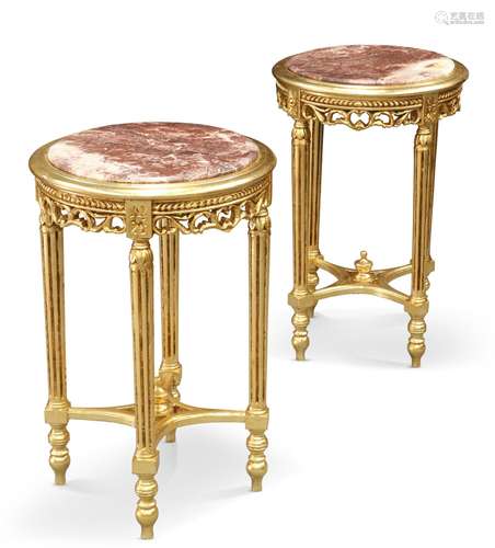 A PAIR OF MARBLE-TOPPED GILT OCCASIONAL TABLES, in the Frenc...