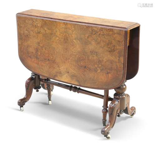 A VICTORIAN BURR WALNUT SUTHERLAND TABLE, the rounded rectan...