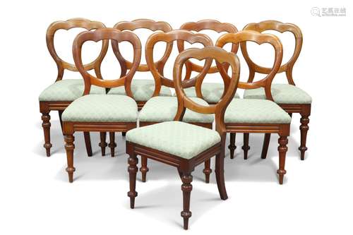 A SET OF EIGHT VICTORIAN MAHOGANY BALLOON BACK DINING CHAIRS...