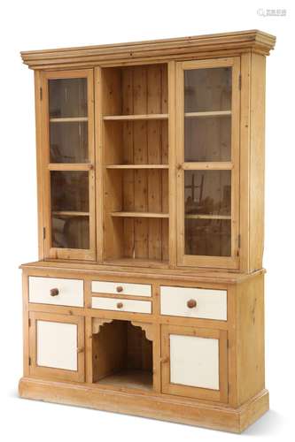 A PARTIALLY PAINTED PINE DRESSER, the upper section with a p...