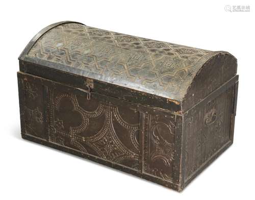 AN ISLAMIC 19TH CENTURY DOME-TOP TRUNK, with twin carrying h...