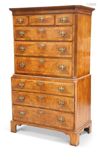 AN 18TH CENTURY WALNUT CHEST ON CHEST, the upper section wit...