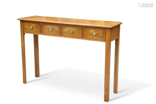 A GEORGIAN-STYLE BURR OAK CONSOLE TABLE, the half-veneered a...