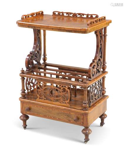 A VICTORIAN BURR WALNUT CANTERBURY, with galleried superstru...