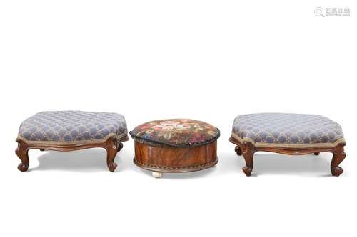 A PAIR OF VICTORIAN WALNUT AND UPHOLSTERED FOOTSTOOLS, of se...