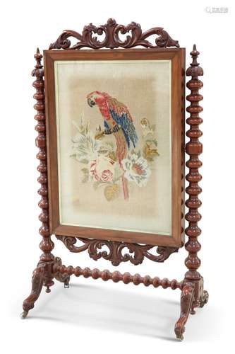 A VICTORIAN LARGE MAHOGANY AND NEEDLEWORK FIRESCREEN, the bo...