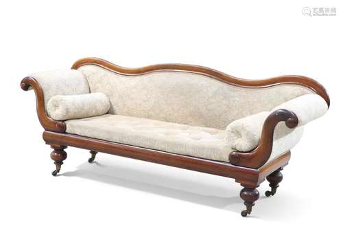 A VICTORIAN LARGE MAHOGANY AND UPHOLSTERED SETTEE, with out-...