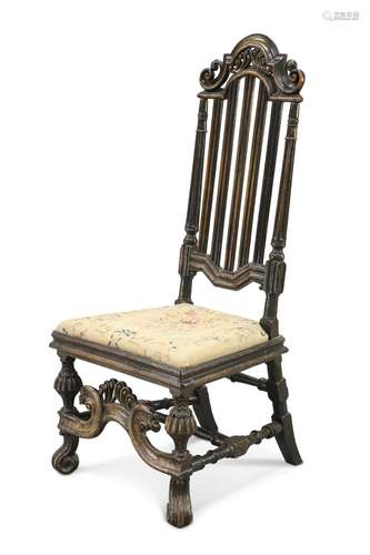 A 17TH CENTURY-STYLE HIGH-BACK SIDE CHAIR, with pierced scro...