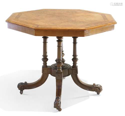 A VICTORIAN BURR WALNUT CENTRE TABLE, the octagonal quarter-...