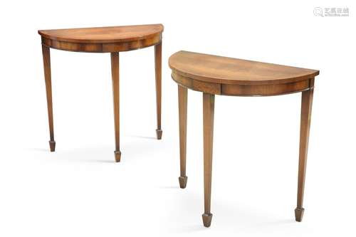 A PAIR OF GEORGE III-STYLE MAHOGANY DEMI-LUNE SIDE TABLES, r...