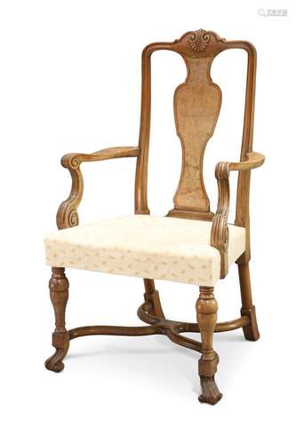 AN 18TH CENTURY-STYLE WALNUT OPEN ARMCHAIR, 19TH CENTURY, wi...