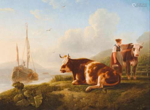 A landscape with shepherdess, cattle and watercraft
