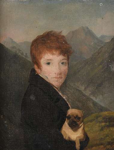 Munich School (19th century), A boy holding a pug in a lands...