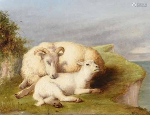 R.S Moseley (British fl. 1862-1893), Ewe and lamb in a lands...