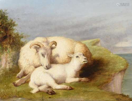 R.S Moseley (British fl. 1862-1893), Ewe and lamb in a lands...