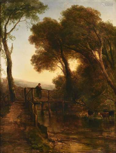 Thomas Creswick (British 1811-1869), Figure on a bridge in a...