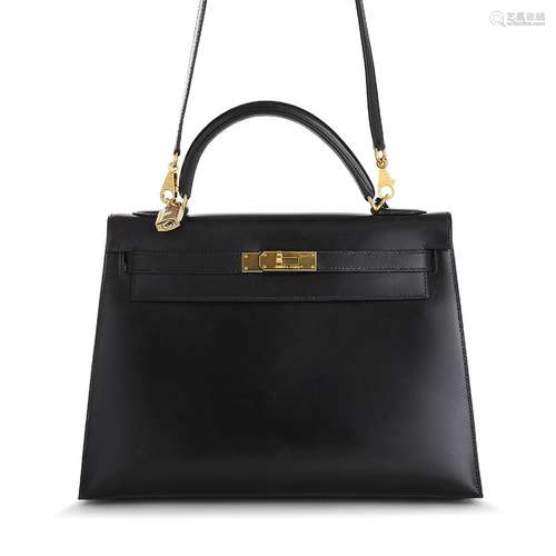 HERMÈS Paris Sac à main Kelly 32 sellier en cuir box noir