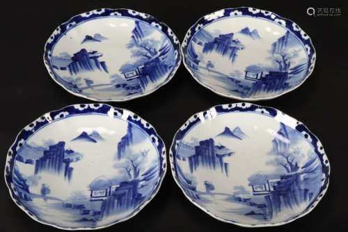 Set of Four Chinese Blue & White Stoneware Plates,