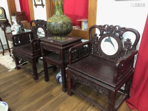 Chinese Hardwood and Marble Three Piece Suite,