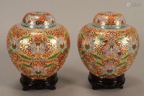 Pair of Chinese Cloisonne Jars and Covers,