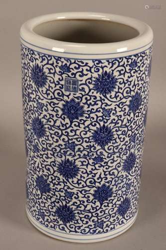 Large Chinese Blue & White Porcelain Scroll Pot,