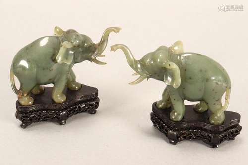 Pair of Chinese Spinach Jade Elephants,