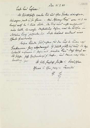 Heinz Guderian Handschriftlicher Brief an Frau Lohmar. 14. J...