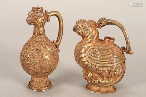 Two Chinese Gilt Metal Bird Ewers,