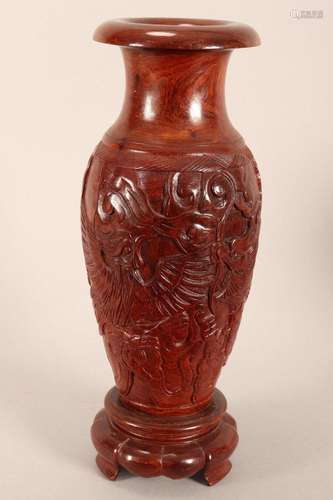 Chinese Carved Wooden Vase On Stand,