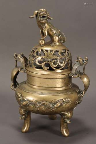 Large Chinese Bronze Twin Handled Censer and Cover