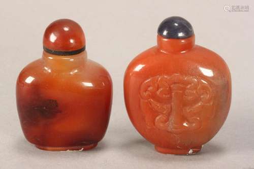 Two Chinese Agate Snuff Bottles and Stoppers,