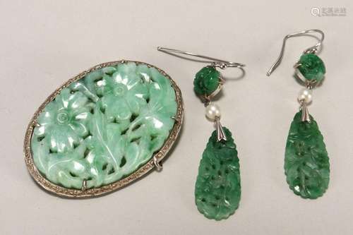 Chinese Jade Earrings and Brooch,