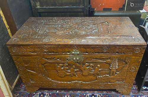 Chinese Carved Wooden Blanket Box,