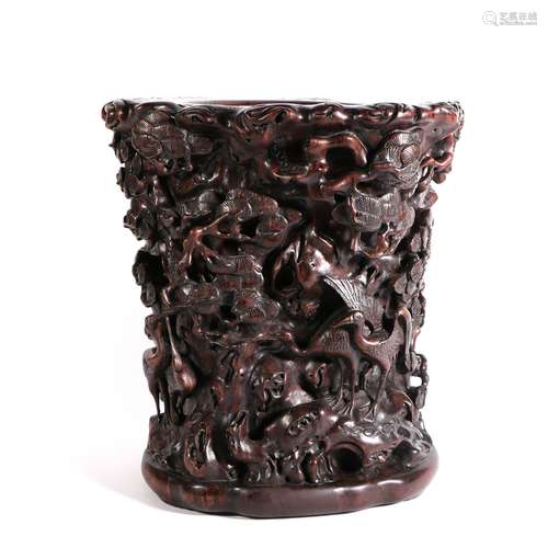 Agarwood Carving Crane Large Brush Pot, China