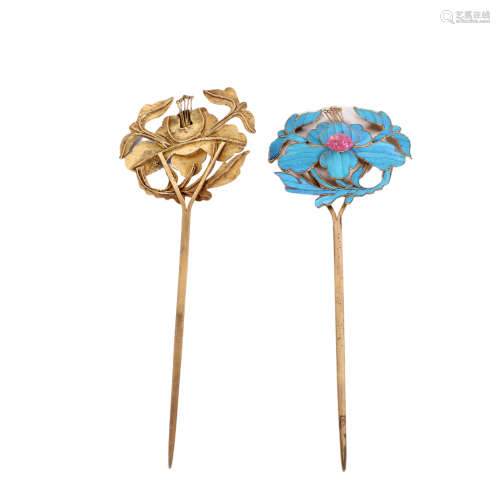 A Pair Of Silver Gold Painted Hairpins, China