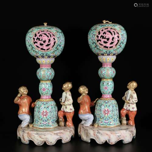 A Pair Of Famille Rose Porcelain Palace Lanterns, China